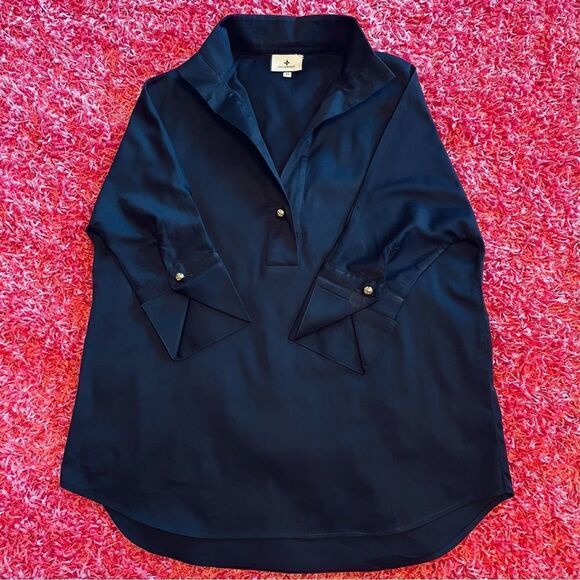TUCKERNUCK Navy Willow Blouse Top EUC 3/4 Sleeves Pullover Cotton Poplin XS - Picture 5 of 8